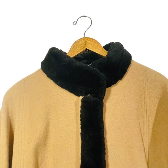 Talbots Womens Camel Tan Cape Wool Cashmere Blend Faux Fur Trim Sz S Petite - Picture 2 of 10